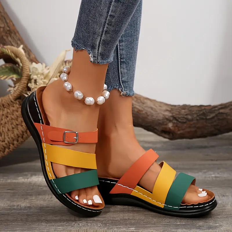 womens colorblock slide sandals stylish summer with thick sole slip and adjustable strap in orange green yellow and black strappy sandals details 3