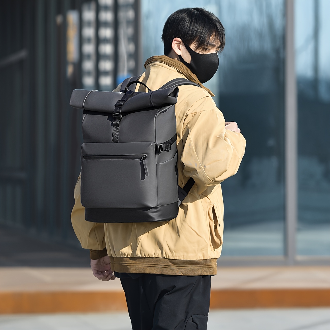 Men's Large-Capacity Roll-Top Backpack Compatible for 15.6 Laptop, Expandable Commuter Bag with Multi-Compartment Tablet & Side Pockets, Adjustable Shoulder Straps & Roll-Top Closure, Lightweight Breathable School Bag for Travel