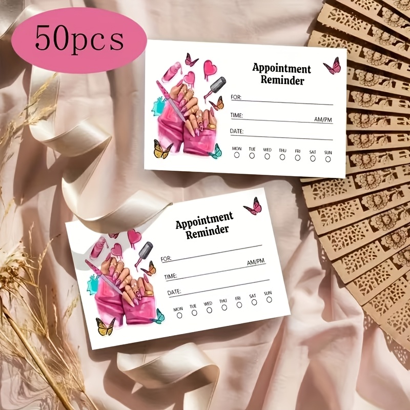 E-shop 50 Stück -Erinnerungskarten, Pink und Weiß mit Nagel-Schmetterlingsmuster, modisches Design, geeignet für Friseursalons und Nagelstudios,