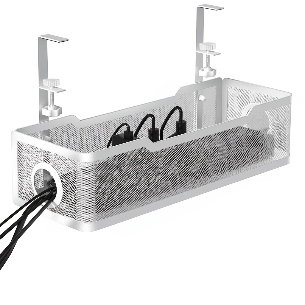 Under Desk Cable Management Tray White, No Drill Wire Organizer With Clamp, Cord Organization Box For Home Office Desk, Scratch-free Installation Cable Tray