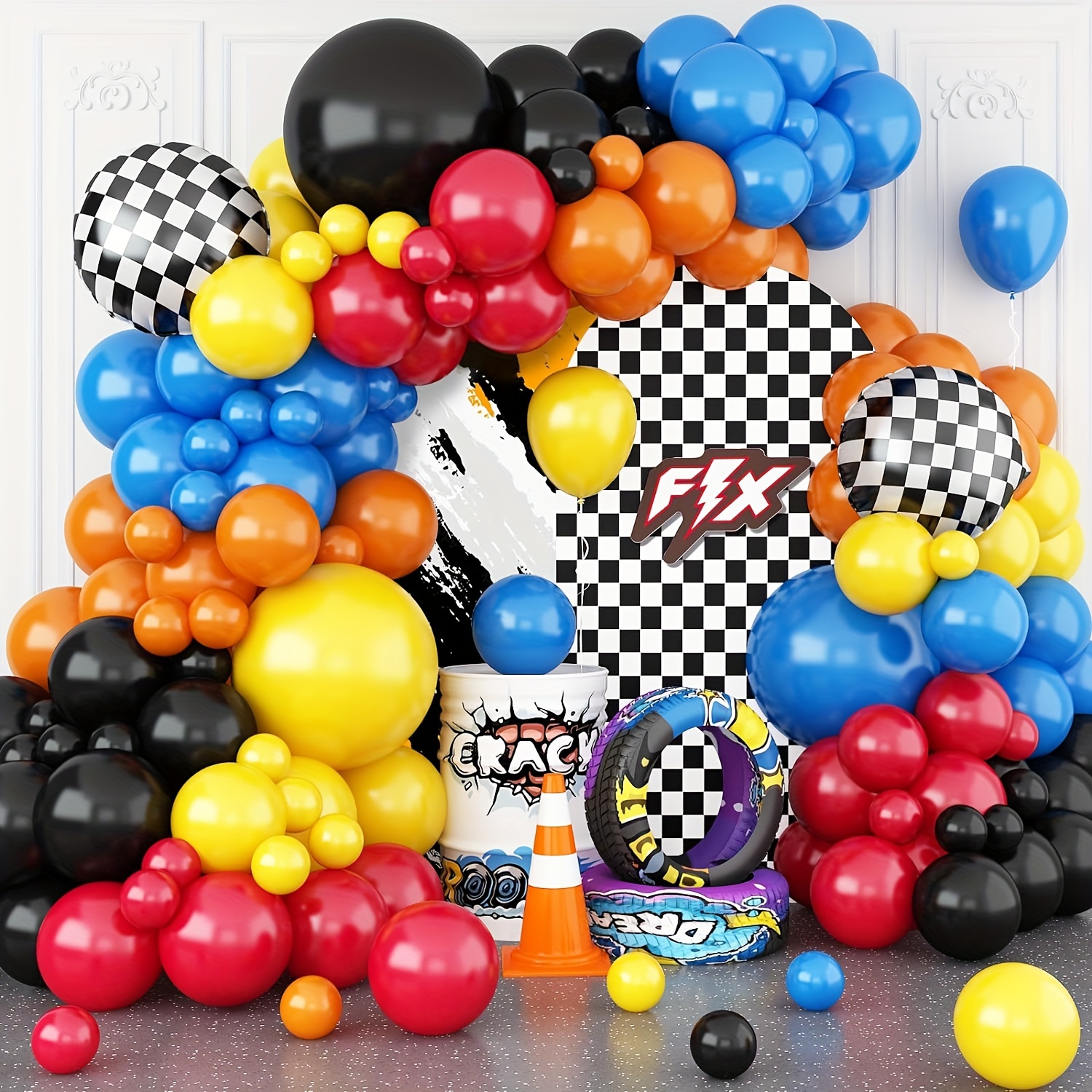 

118pcs Race Car Balloons Arch Garland Kit, Blue Red Black Orange Checkered Flag Foil Balloon, Race Car Themed Decorations For Boys Birthday Party Baby Shower Supllies