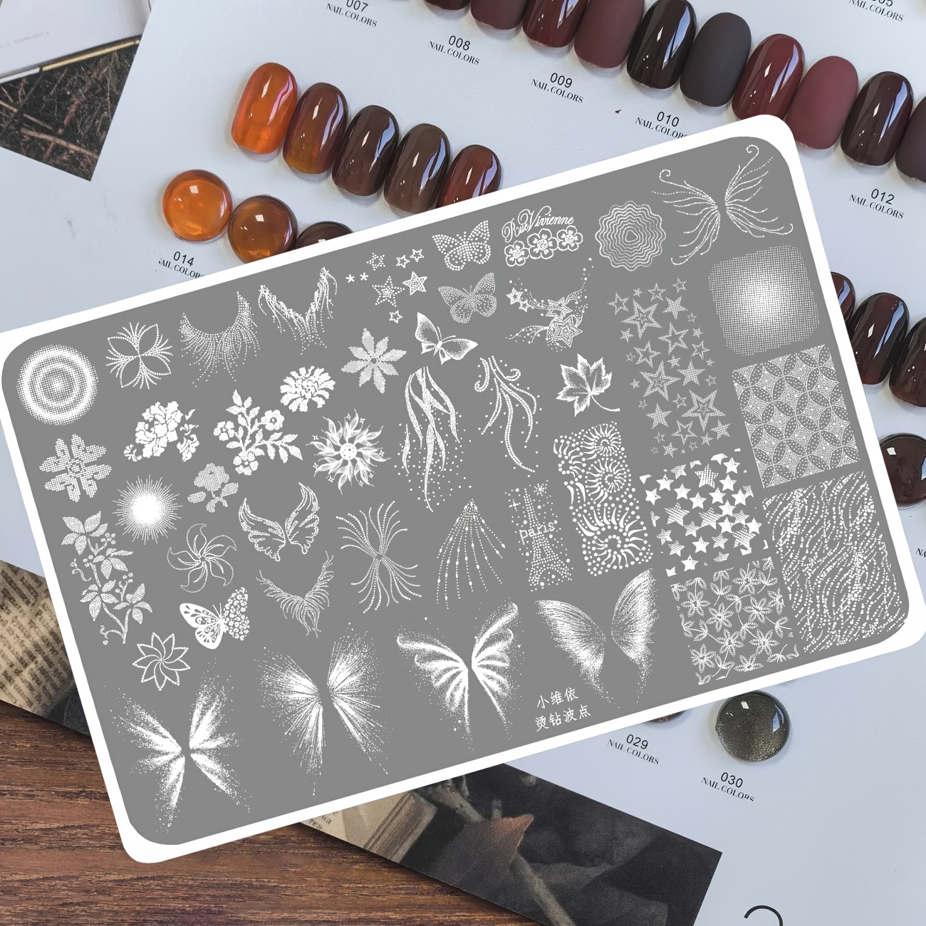 Image of Rhinestone Polka Dot Nail Art Printing Plate, Wings, Stars, Floral Lines Nail Transfer Template
