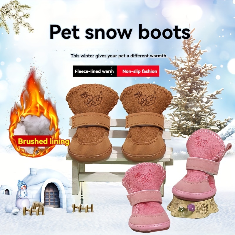 

A Set Of 4 Pet Dog Shoes, Including Snow Boots For Small To Medium-sized Dogs, Featuring A Wool Lining For And Slip Resistance, Adjustable Sizes, And 2 Random Patterns.