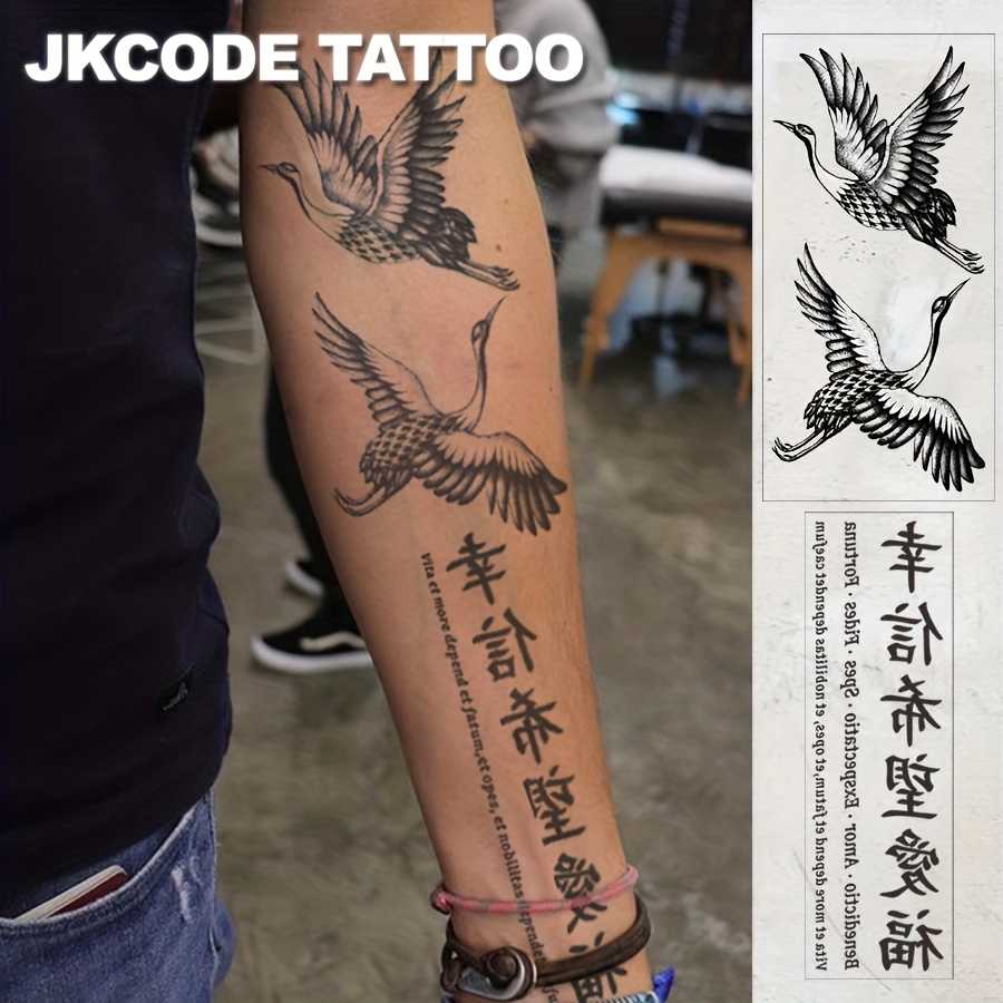Image of 2pcs Waterproof Design Semi-permanent Tattoos, Japanese -e Style Crane Tattoo - Chinese - Word Tattoo Pattern - Fashion Large Size Men's Tattoo - Neck Hand Finger Women's Temporary 15 Days