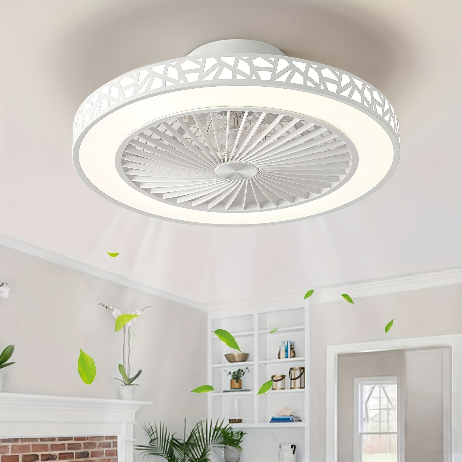 TEMU Modern Bladeless Ceiling Fan With Light, Flush Mount Led Dimmable Enclosed Ceiling Fan Light Fixture Iron Low Profile 6 Wind Speeds Timing