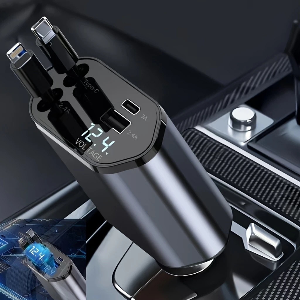 TEMU Retractable Car Charger - Fast Car Phone Charger, With Retractable Cable ( Inches) And 2 Usb Port Car Charger Adapters, Car Additions For Men,