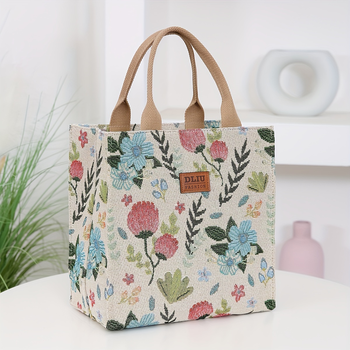 TEMU Vintage Floral Nylon Tote Bag With Zipper, Foldable Top-handle Handbag For Commuting And Shopping, Lightweight Durable Design With Polyester Lining - Baigou Crafted