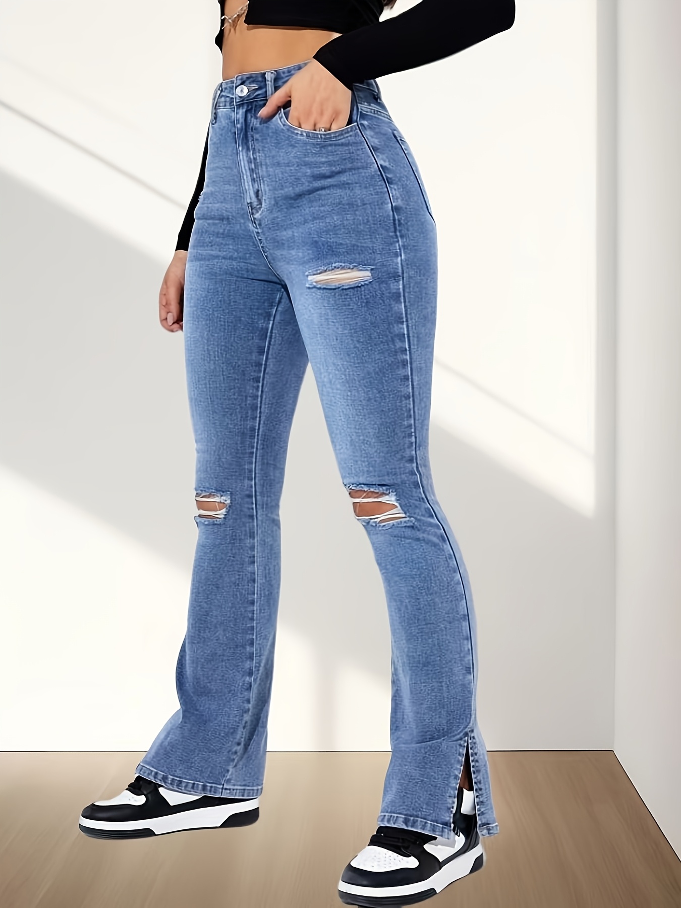 jean évasé déchiré taille haute femmes jean évasé en denim Temu