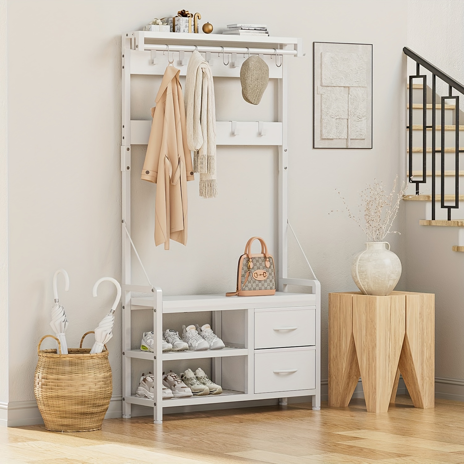 TEMU Hall Tree 4 In 1 Entryway Bench With Coat Rack Drawers Hooks Freestanding Shoe Bench And Wall Rack