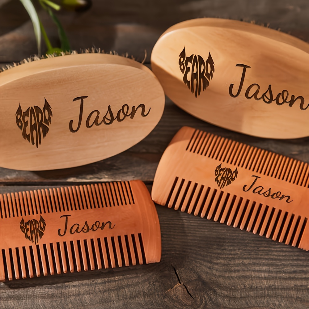 

2pcs Custom Engraved Men's Beard Grooming Set - Natural With Brush, Wooden Comb & Travel Case - Ideal Father's Day Gift, Kit|engraved Accessories| Construction, Beard Grooming Kit