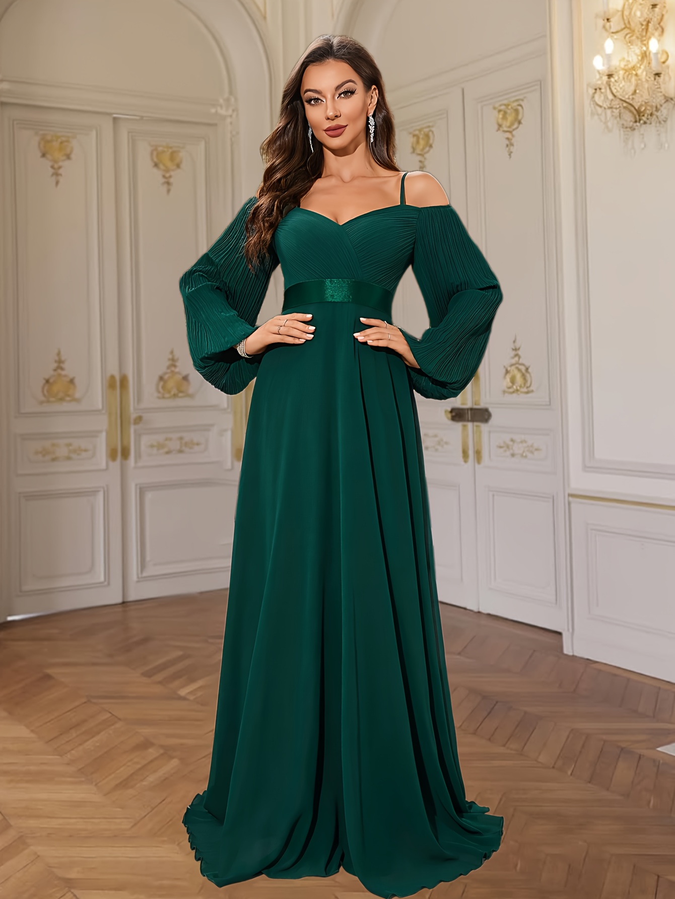 slim fit dress slacks Modern Chiffon Ruffles V-neck Long Sleeves Bridesmaid Dresses – Dbrbridal main image 0