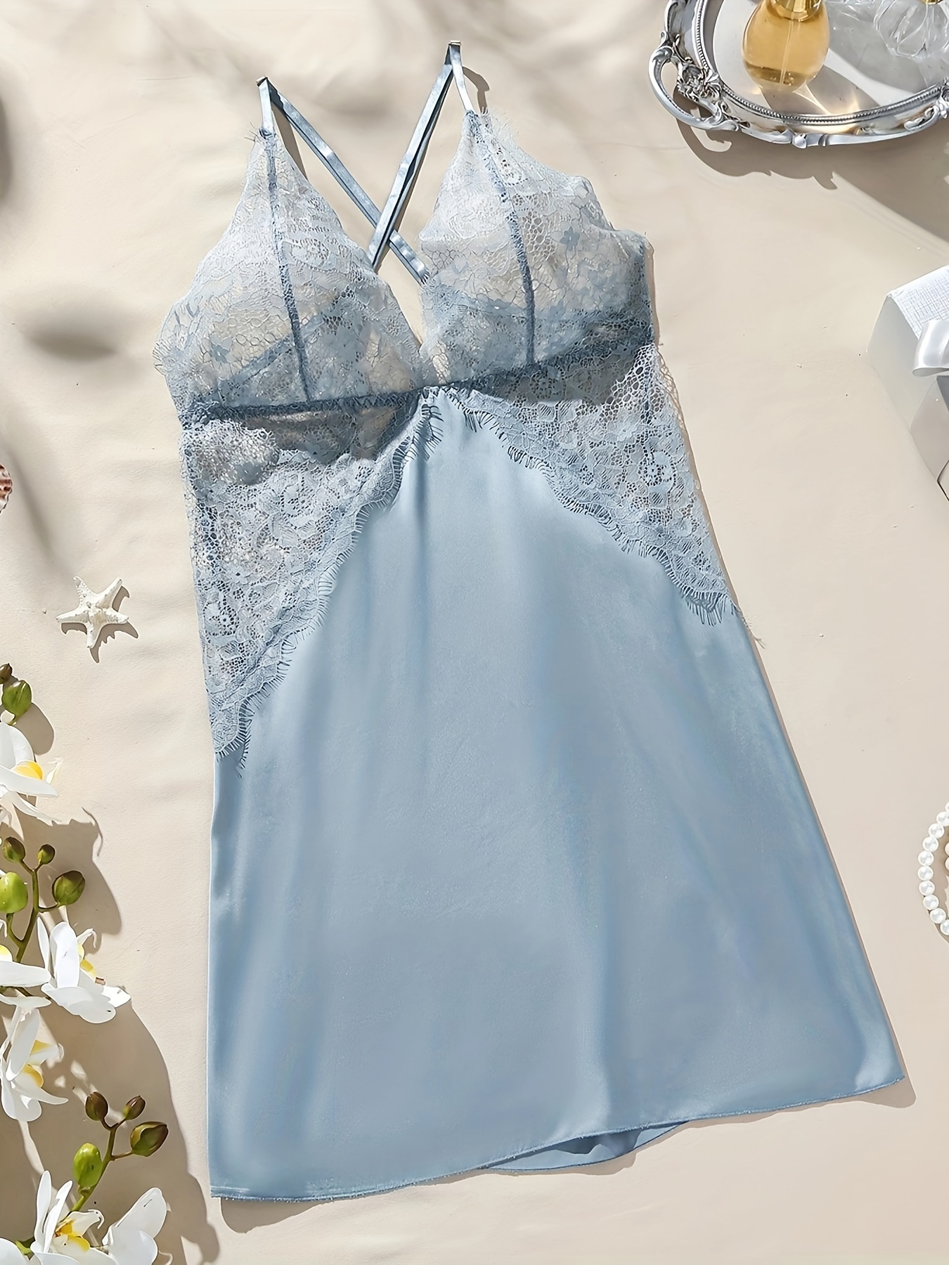Elegant Lace Mesh Slip Dress Flower Applique V Neck Sheer - Temu