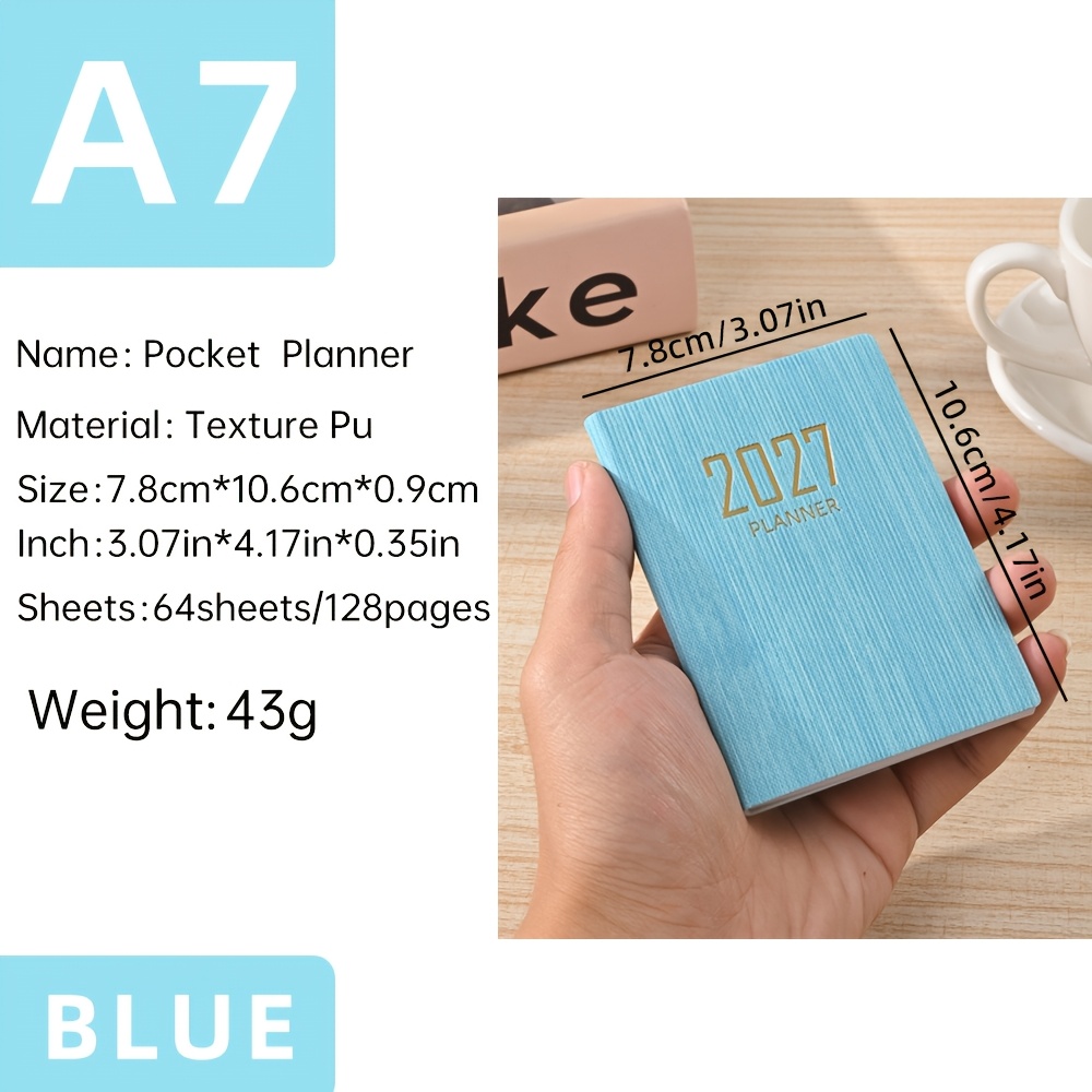 TEMU 1 A7-sized 2027 , Mini Portable Pocket Daily Planner, 64-leaf 128-page Thin Weekly Calendar Notebook, 365-day Daily Planner Yearly Calendar, Pu