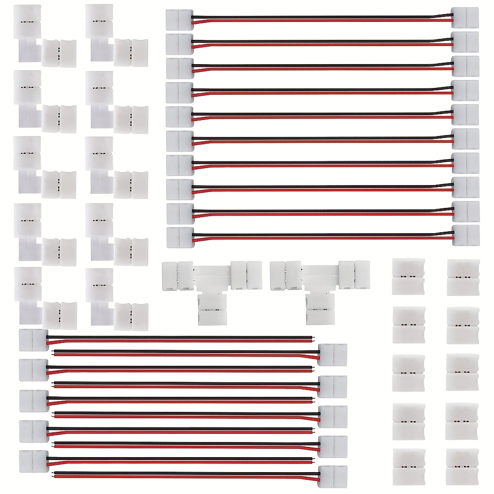 42pcs Led Strip Connector Kit - Includes L-shaped 2-pin Right Angle, T-shaped Connectors & No Weld Jumper For 8mm 3528/2835 Led Strips, Polished Plastic, , Strip Light Connector, Led Strip Ligh