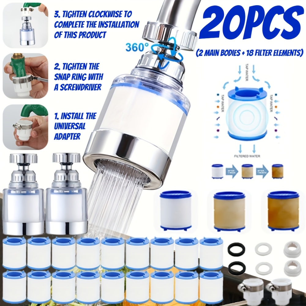 20pcs 2 sets 18pcs 360 rotatable splash proof faucet filter with water purifier universal for kitchen bathroom sink no electricity required durable plastic compact multi function filtration system   faucet additions