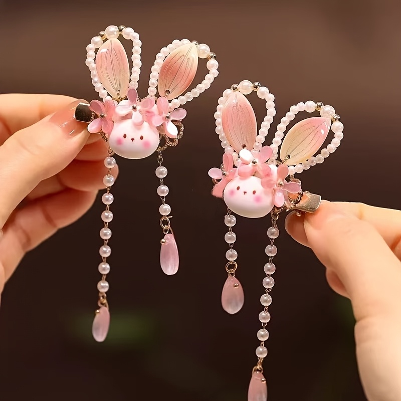 

Vintage Elegant Bunny Earrings Hair Clips With Flower Tassels, Resin Material, Shape With Color Matching Printing, Tassel & Floral , Single Piece Set For Women