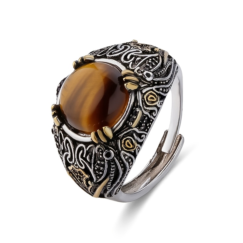 Tiger's Eye Adjustable Ring, Retro Inlaid Design