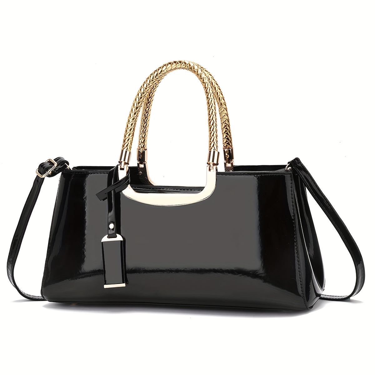 TEMU Stylish Women's Handbag With Golden-tone Hardware & Detachable Shoulder Strap - Elegant Black Satchel For Everyday Use, Bag | Goldtone Accents | Bag