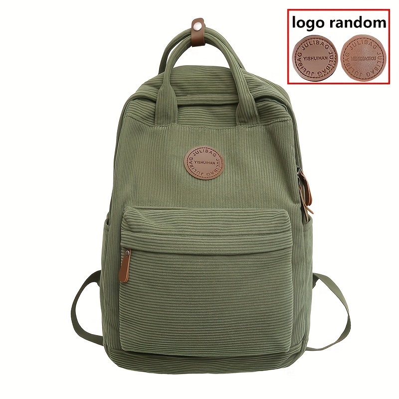 E-shop Leichter Cord-Rucksack - Olivgrün, verstellbare Schultergurte, 35,56 cm Laptopfach, lässige Schultasche, vordere Reißverschlusstasche mit