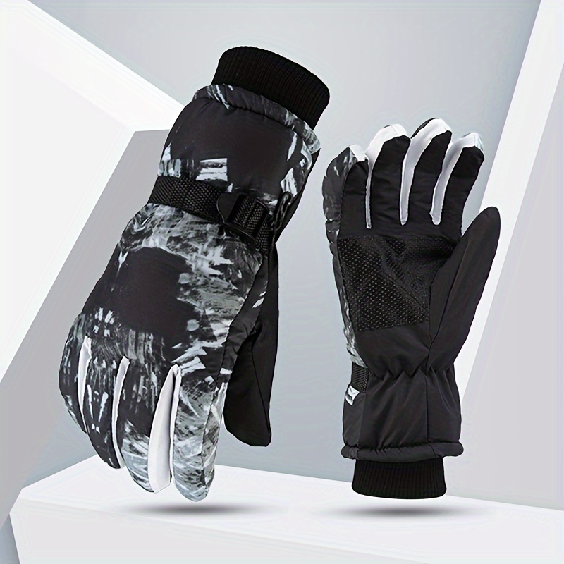Winter Men'S Thermal, Thick, And Non-Slip Gloves for Cycling And Outdoor Activities, Featuring White Graffiti Design for Skiing And Biking.