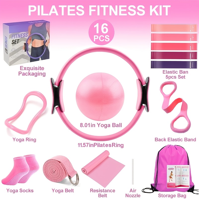 TEMU 16pcs Fitness Equipment Set, Rubber Material Safe Workout Kit With Pilates Ring, Resistance Bands, Yoga Ball & Accessories, 2 Colors For Yoga &