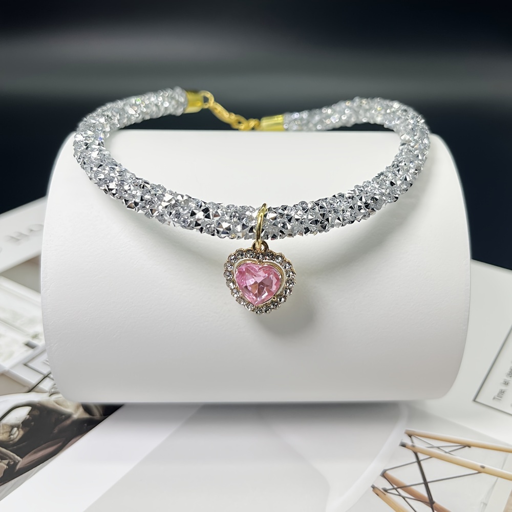 Image of Cool And Cute Cat Collar Necklace, Rhinestone Inlaid Heart Pendant, Pet Clothing Additions For Small Dogs