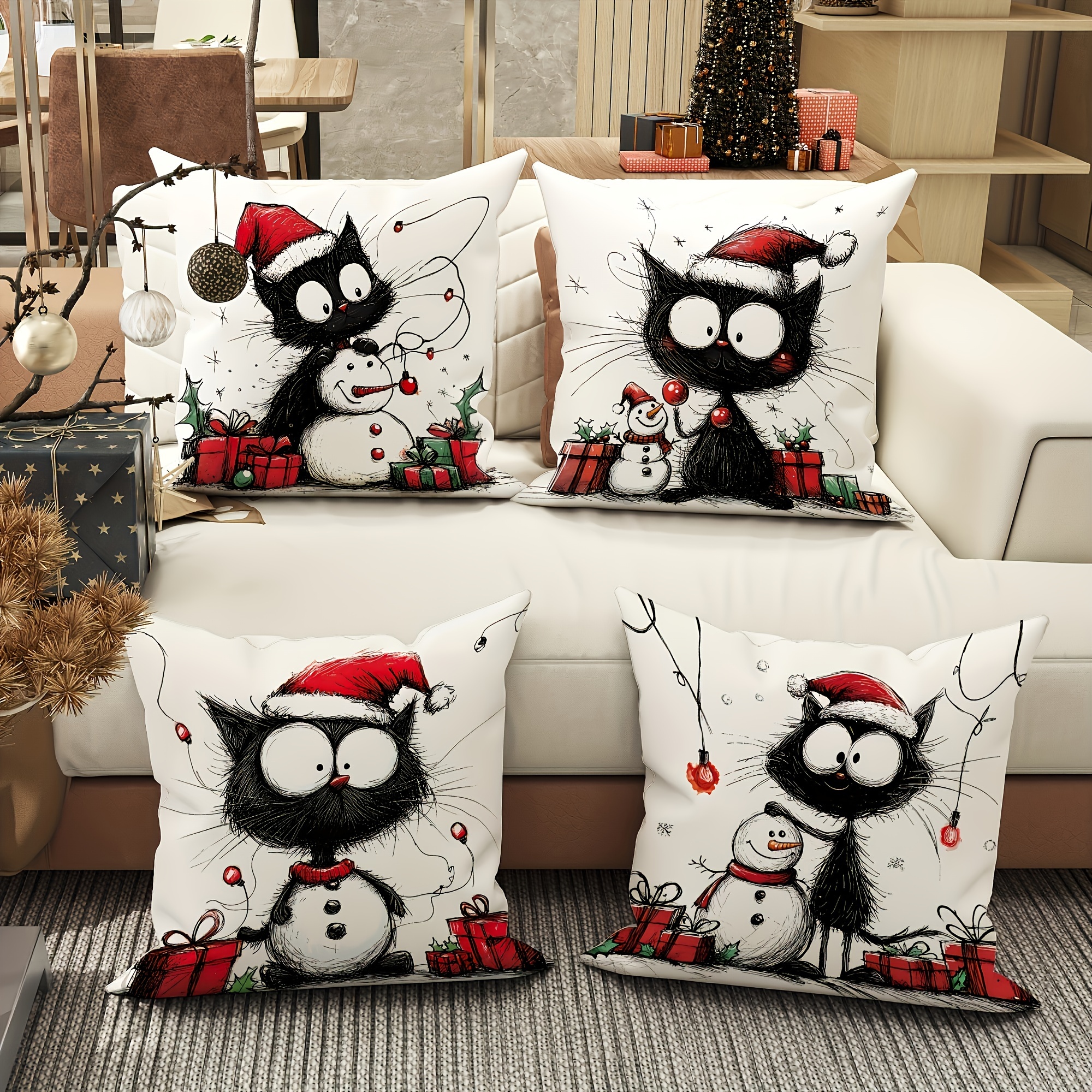 

Set Of 4 - Snowman And Christmas Decorative Cushions, 18x18 , , , Polyester For Decor