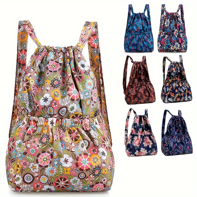 

Ethnic Nylon Drawstring Backpack, Floral Print Travel & Sports Rucksack, Lightweight Shoulder Bag Bundle Pocket