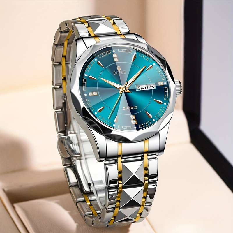 RUIGE Men's Quartz Watch with Night Light, Dual Calendar, Diamond-Shaped Mirror, Stainless Steel Case, Alloy Strap, Multiple Colors