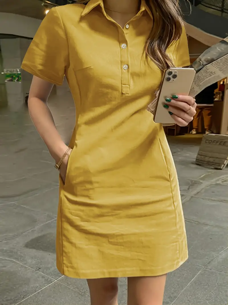 mustard yellow button up dress Mustard yellow linen dress with front slits & button detail House of Rufs