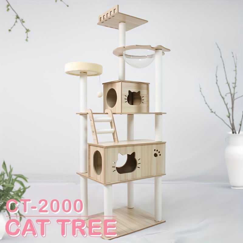 

Tour de chat moderne de luxe de 187 cm de haut, 73.6 pouces, avec griffoirs pour animaux de compagnie, grande capsule spatiale en bois.