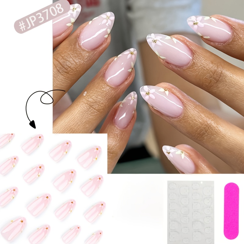 24pcs Pink Floral Almond Shaped Press On Nails, Middle Length Glossy False Nails With Flower Pattern, Full Cover Artificial Nail Tips For Women And, Fashionable And Cool Nail Art, Press On Nails