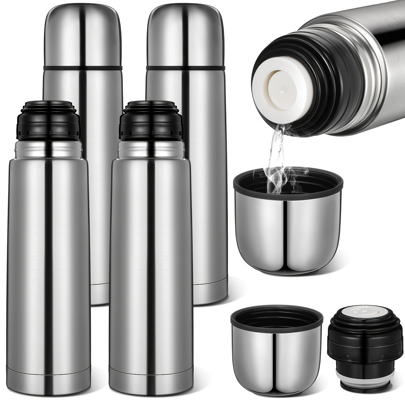 4pcs不锈钢热水瓶17盎司/500毫升热水瓶咖啡旅行杯带杯咖啡店密封真空绝缘瓶，适用于热饮 详情 1