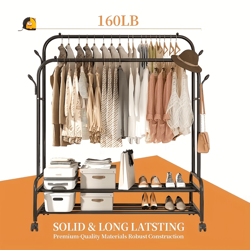 Sturdy Metal Double-Rail Garment Rack with Wheels -Portable Clothing Rack with Shelves And Hooks -Heavy-Duty Clothes Hanger Stand- Multifunctional Bedroom Closet Organizer -Black