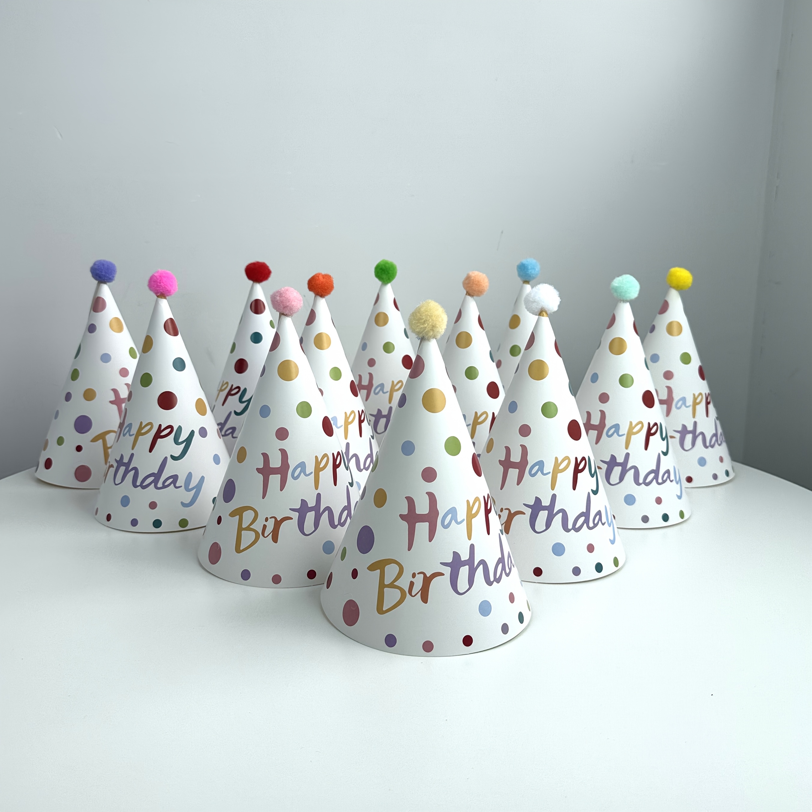 Image of Colorful Pom-pom Birthday Party Hats - 12pcs Set, Happy Birthday Cone Hats With Polka Dots, For Adults Birthday Decorations, Party Supplies, Photo Booth Props, Birthday Favors I Perfect For Halloween