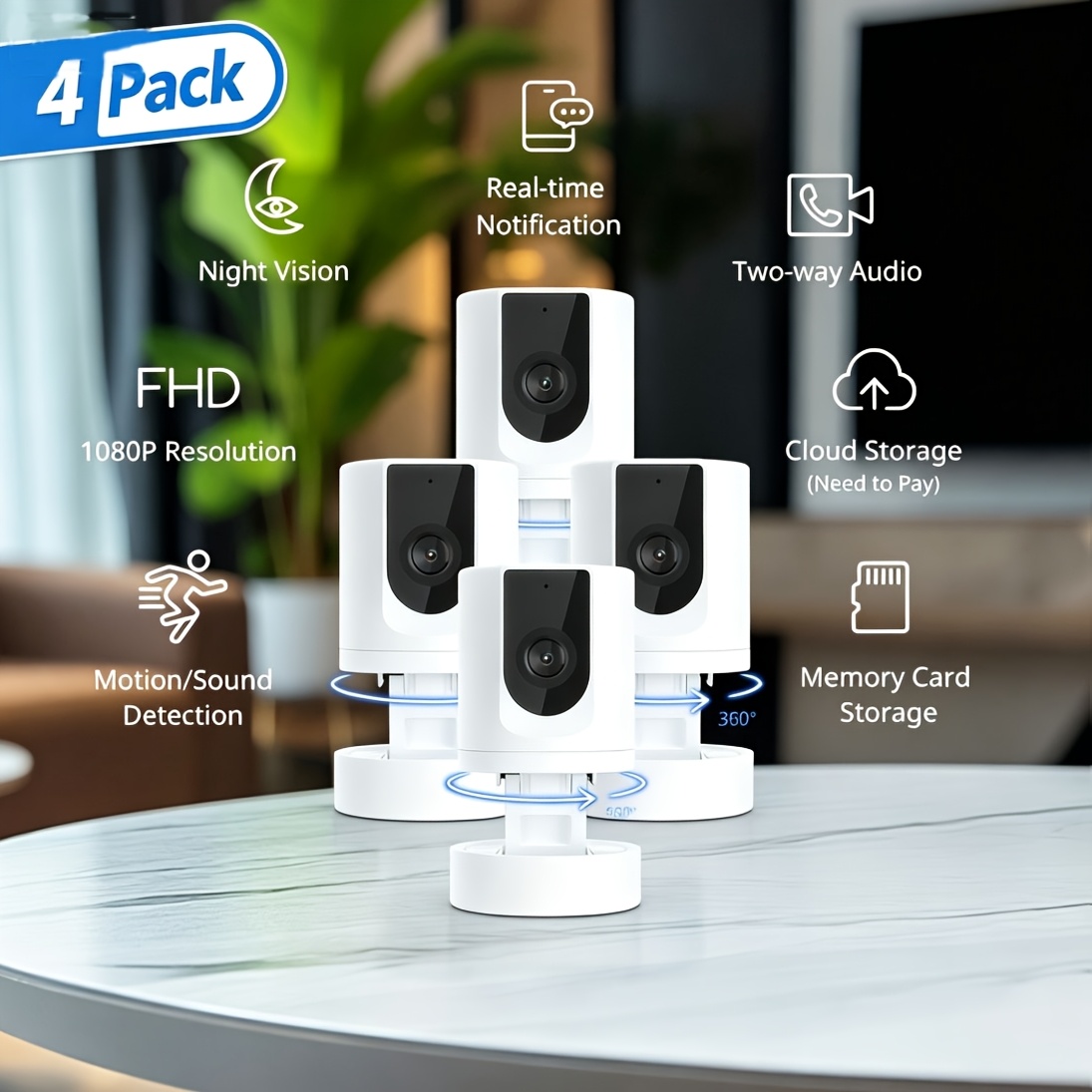 4pcs Ease , Security Camera Indoor, 1080p Camera With Phone App, Foldable Monitors For , Flexible Installation, Motion Detection, 2-way Audio, Ir Night Vision