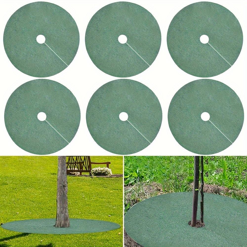 

6pcs Green Reusable Tree Protector Rings - Thick Non-woven Barrier Mats, Round Grass Resistant Gardening Fabric For Root Protection