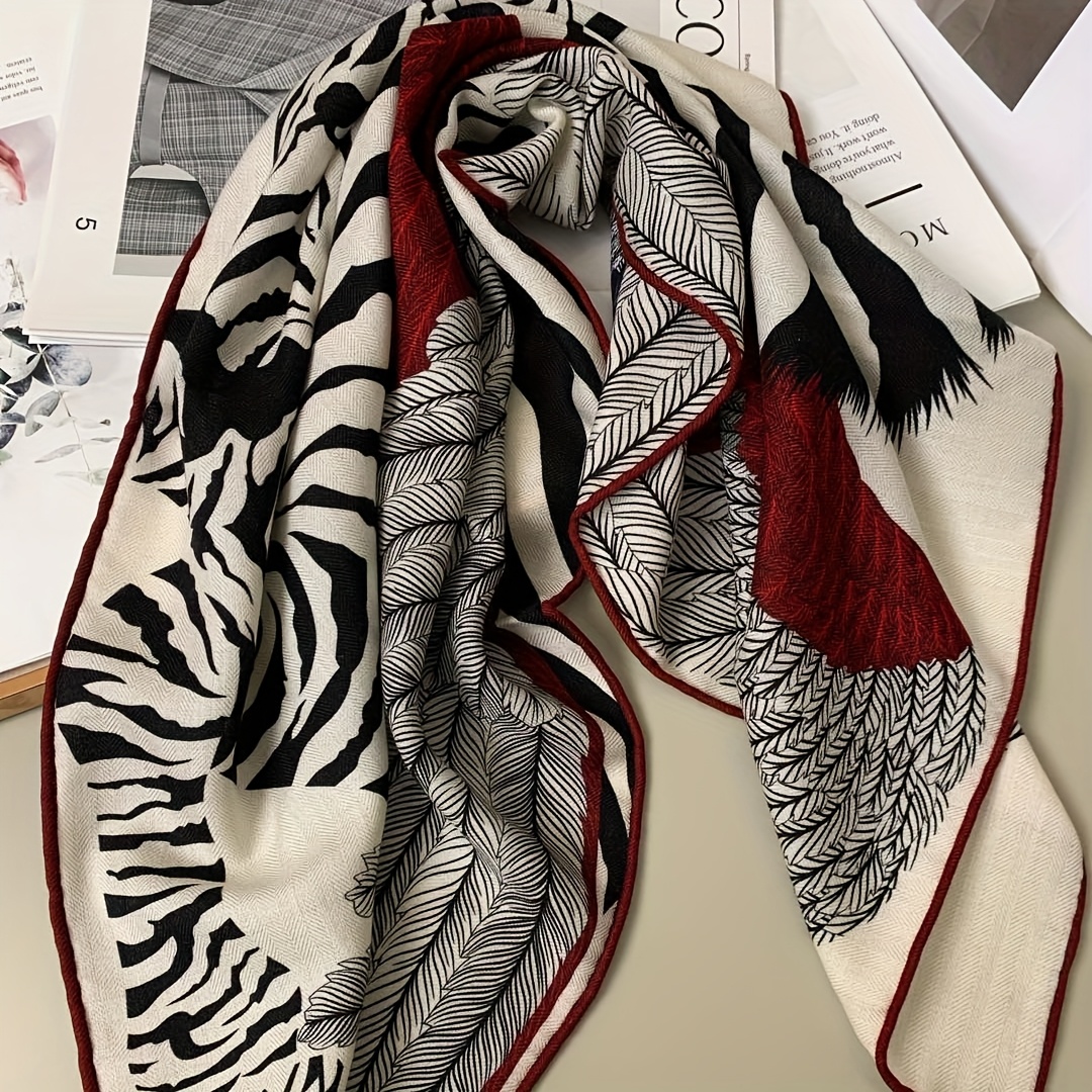Women's Luxury & Wool Scarf - Burgundy Square Shawl With Print, Elegant Red Accent Winter Warm Windproof Collar, Hand Washable For Casual & Formal Outfits (maroon Border) - Designer Accessory