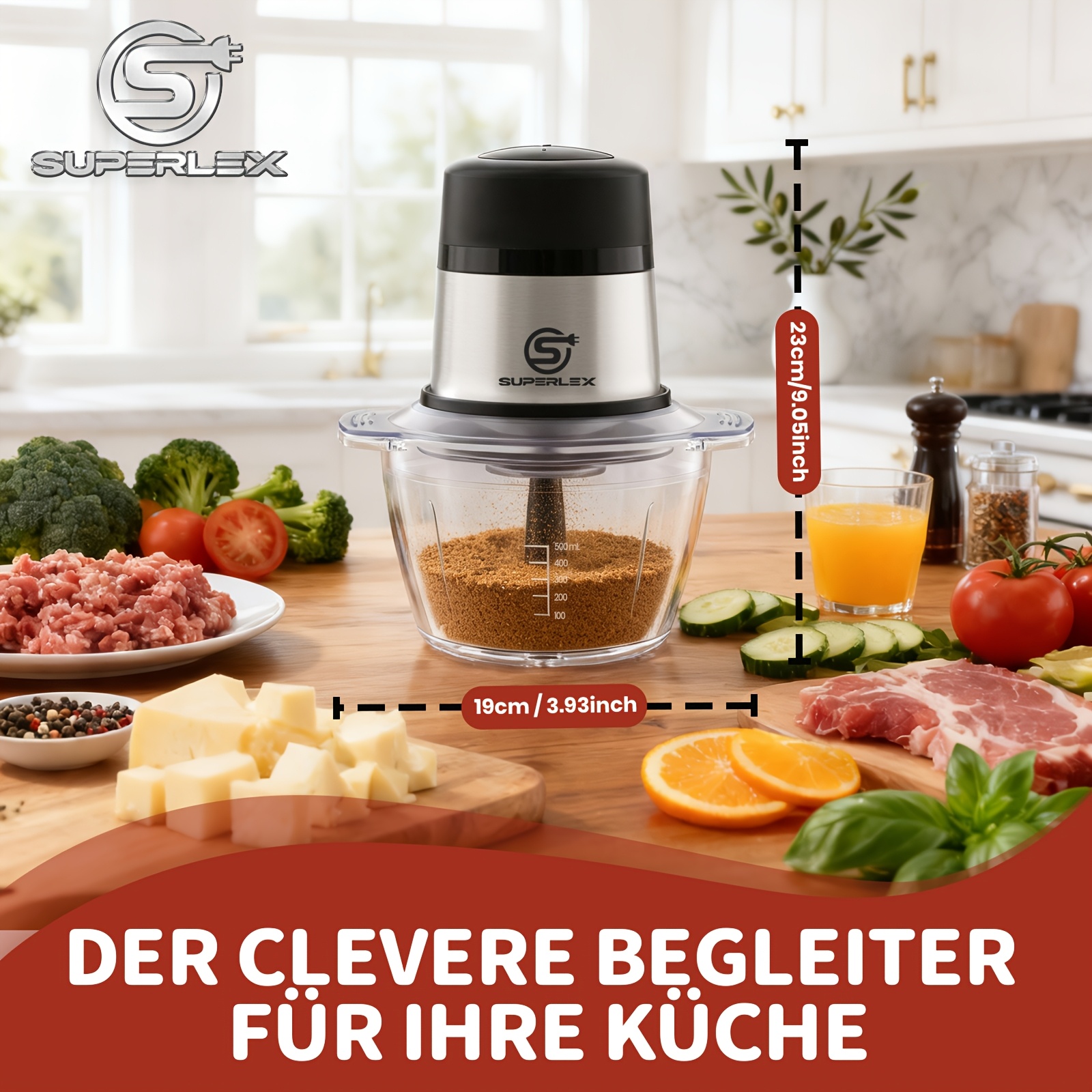 Image of Superlex Mini Meat Grinder 300w With 1l Glass Bowl - Steel , 2 , Ideal For Grinding Meat, Nuts And Chopping Vegetables ( Assistant For Meat), Grinder For Kitchen, Food Preparation, Spacesaving Tool