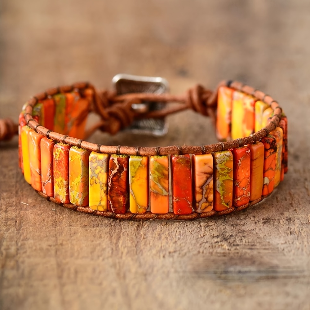 TEMU 1pc Handmade Imperial Jasper Wrap Bracelet For Women Men, Multicolor Natural Stone Tube Bead Bohemian Bracelet, Adjustable Ethnic Jewelry For