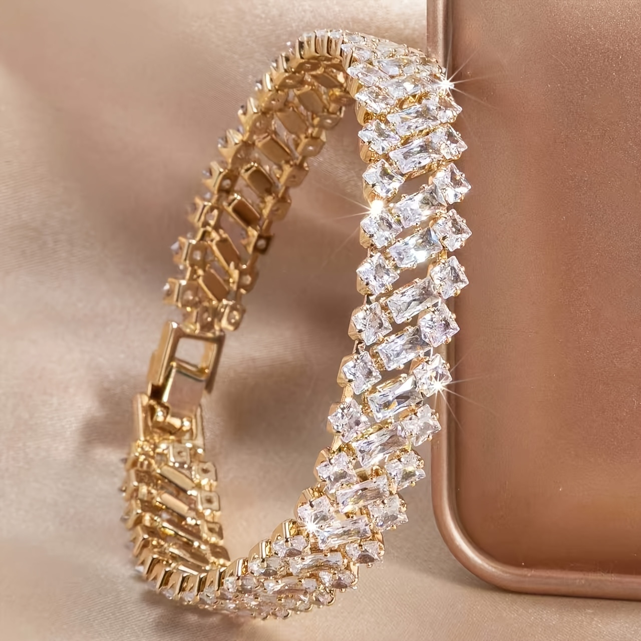 TEMU 1pc Women's Fashion 3 Row Geometric Watch Buckle Bracelet, Elegant , Sparkling Geometric Shape Cubic Zirconia Inlaid, Suitable For Daily Wear,