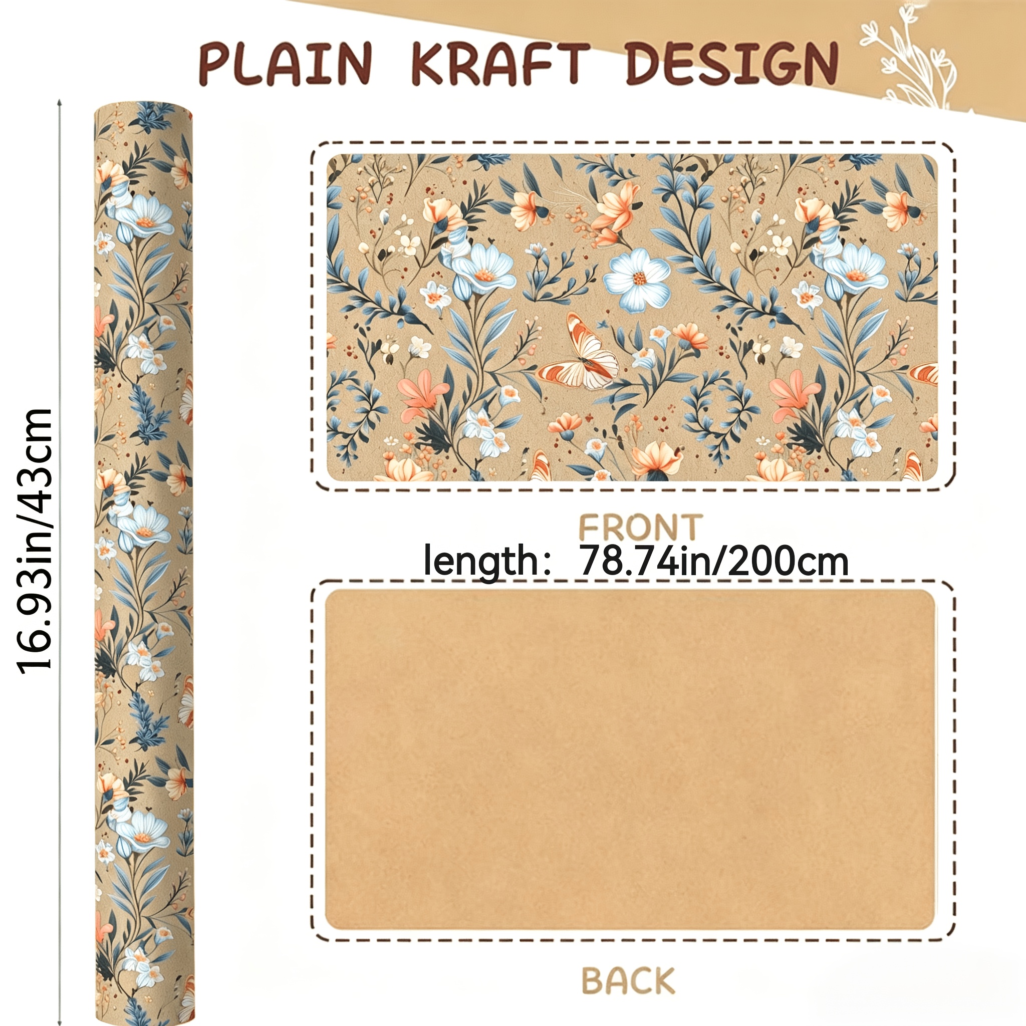 Image of Vintage Floral Packaging Paper Roll, Brown Paper Gift Packaging Paper, Suitable For Gift Boxes, Birthdays, Festivals, Suitable For Occasions, Suitable For Bohemian Style (16.93x78.74 In)