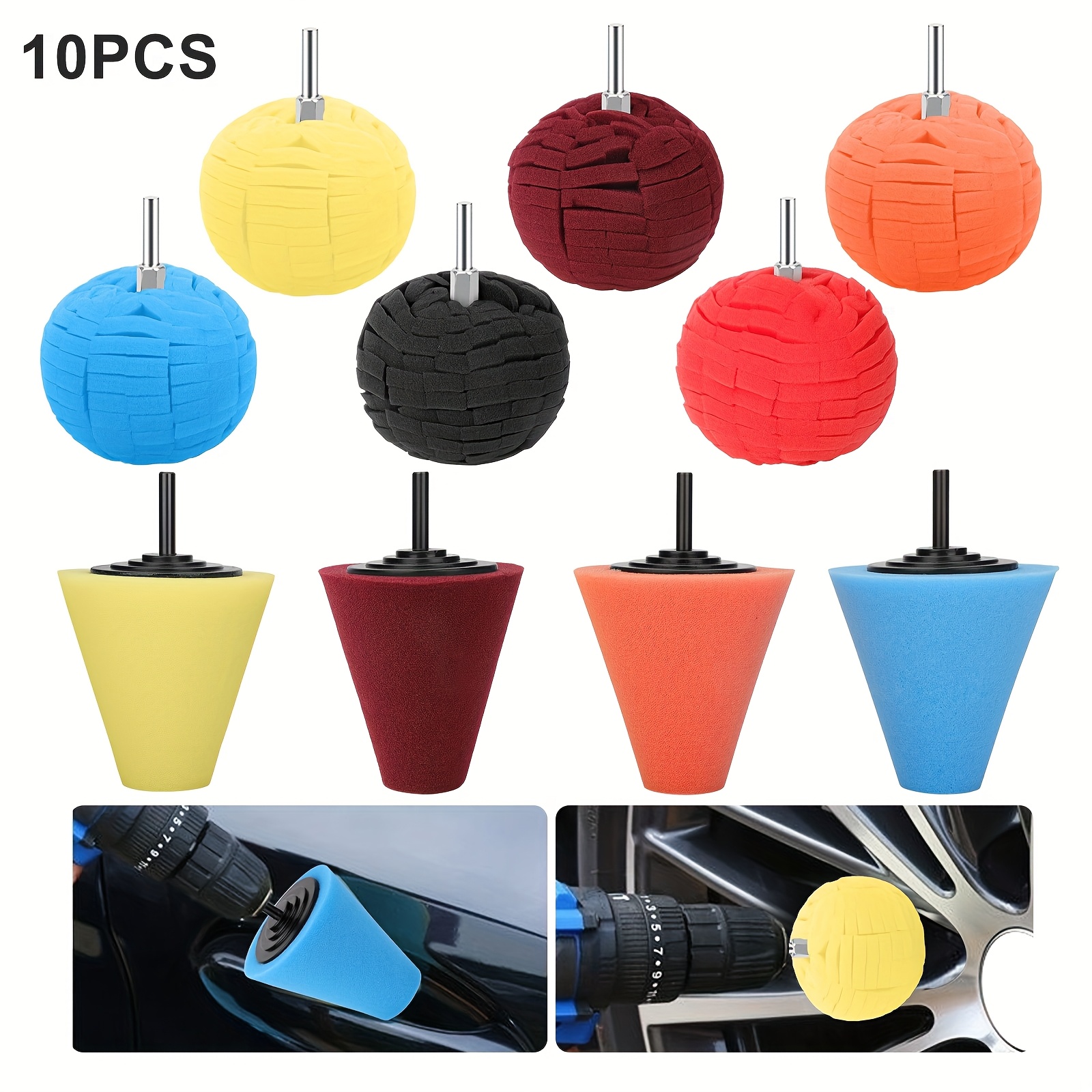 TEMU 10pcs Polishing Cone, Car Wheel Drill Bit, Polishing Sponge Set, Polishing Ball, Car Buffer & Polisher Set, Suitable For Automotive Car Wheels Care, Metal, Plastic, Ceramic, Glass