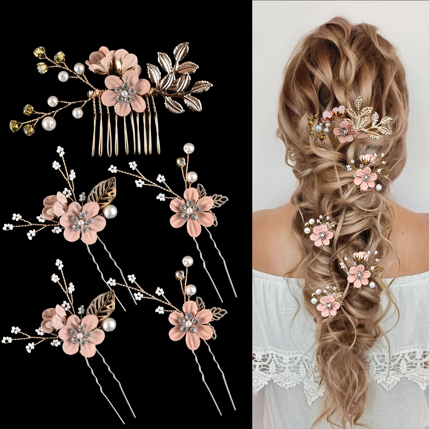 

5pcs Vintage Pearl & Flower Hairpin Set - Elegant U-shaped Bridal Hair Accessories With Handcrafted Beaded Leaf Design