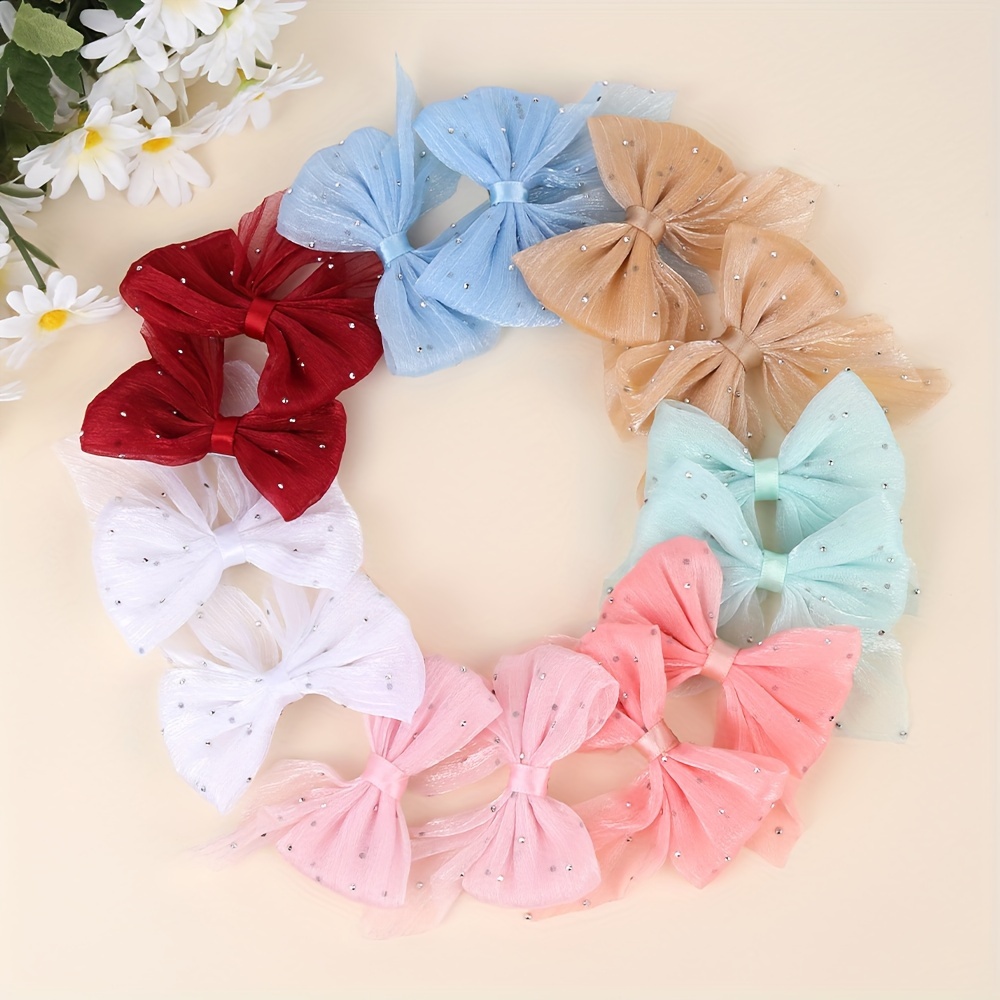 

Elegant Mesh Hair Bow Clips Set - 14 Pcs, Assorted Colors With Hot Drilled Rhinestones, Fashion Hair Barrettes For Teens, Stylish Tulle Bow Hair Accessories, Over 15 Years