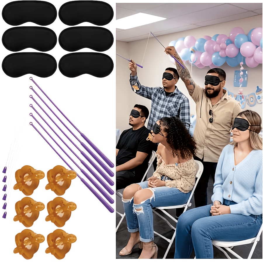 TEMU 18pcs Party Game Set, Includes 6 Pacifiers, 6 Fishing Rods, 6 Blindfolds. Suitable For Pacifier And Blindfold Feeding Games, Fun Party Games,