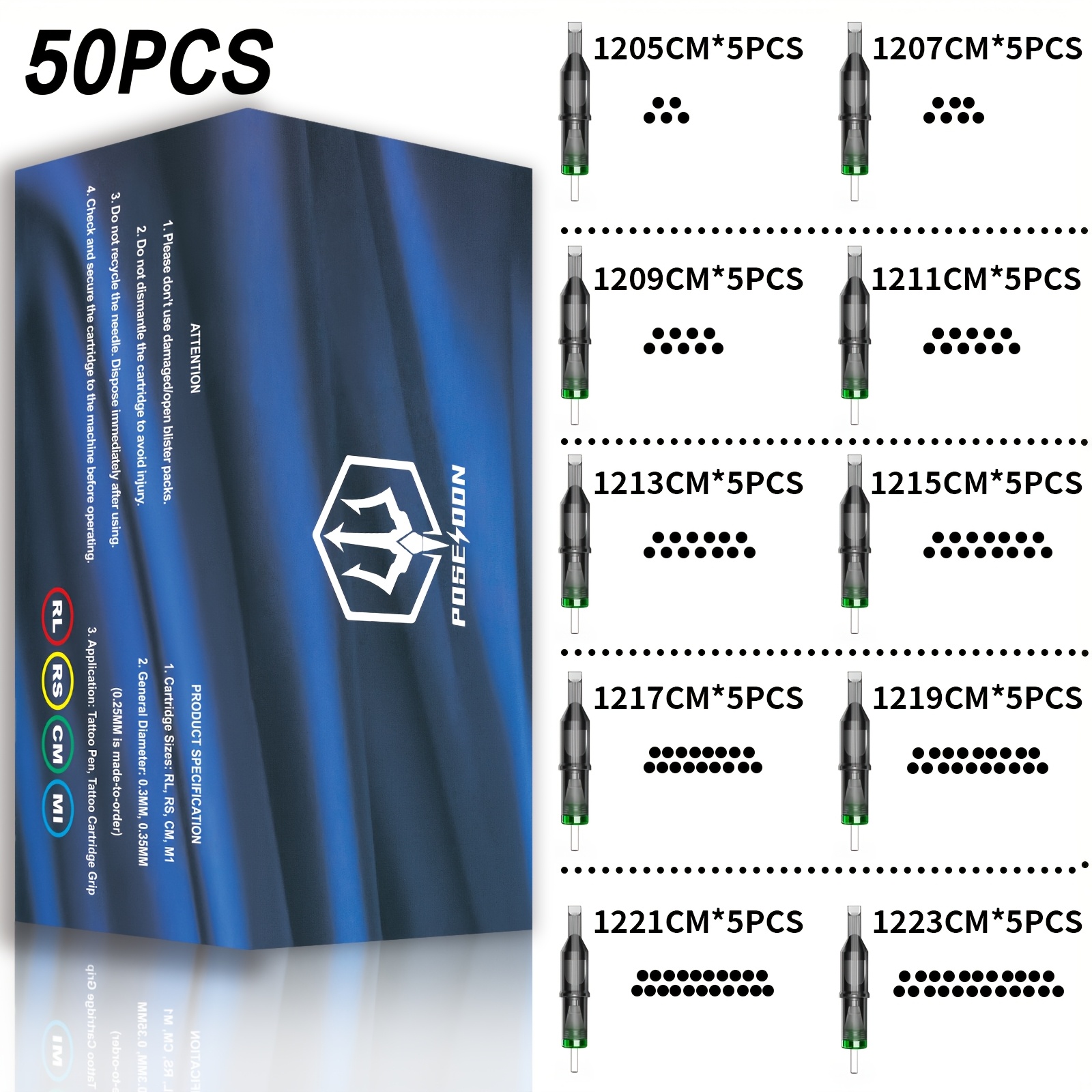 Image of Poseidon V2 Tattoo Cartridge Needles 50pcs Assorted Mixed Size Round Liner Shader Curved/round 5rm 7rm 9rm 11rm 13rm 15rm 17rm 19rm 21rm 23rm Disposable Tattoo Needles