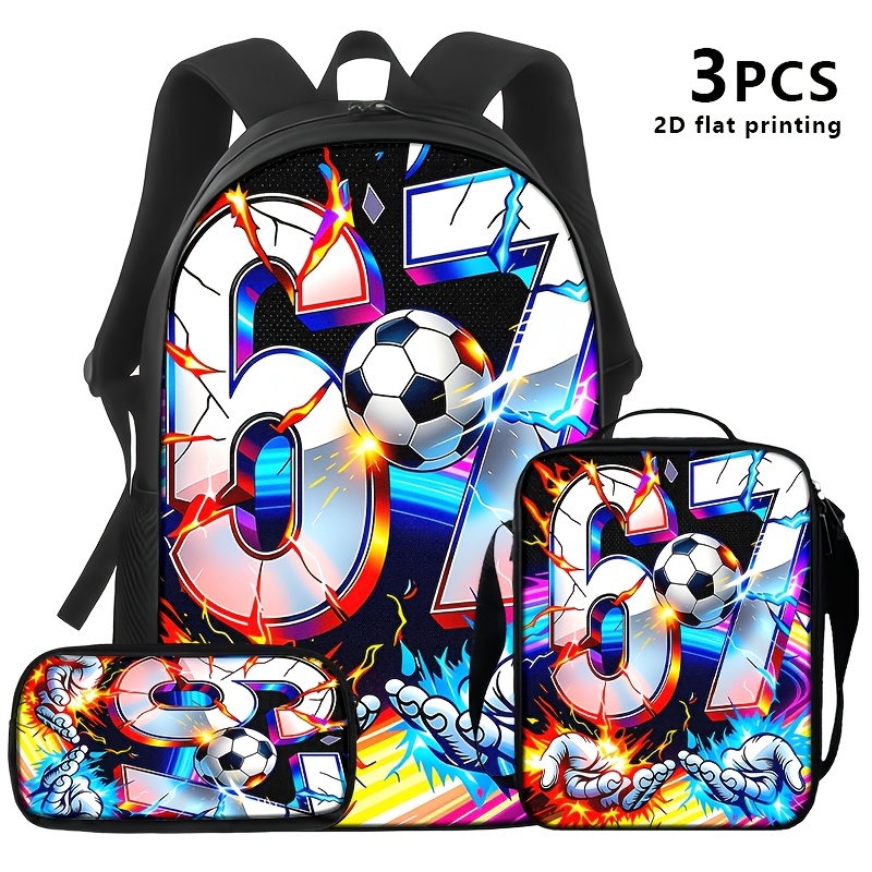 TEMU 1pc/2pcs/3pcs Thème Football : Sac à Dos, Sac à Lunch et Pochette avec les Chiffres Cool '67' et Graphiques de Football avec des Accents de