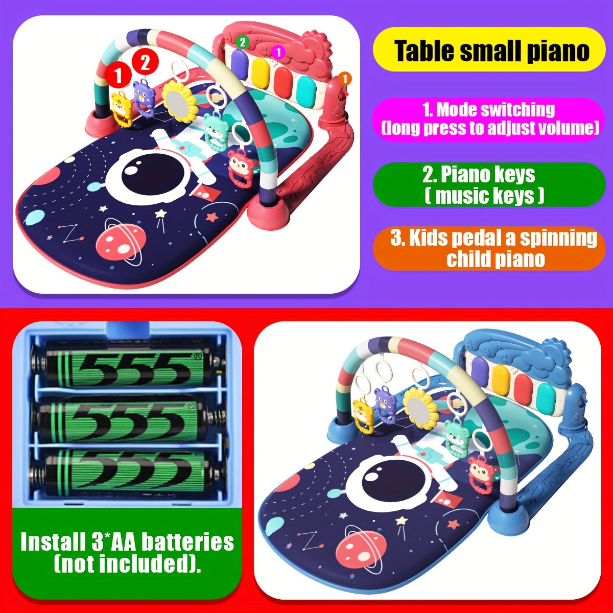 Musical Baby Gym Play Mat with Piano, Activity Center Tummy Mat for  Newborns and Infants Interactive Hanging Toys, Early Development Lights 