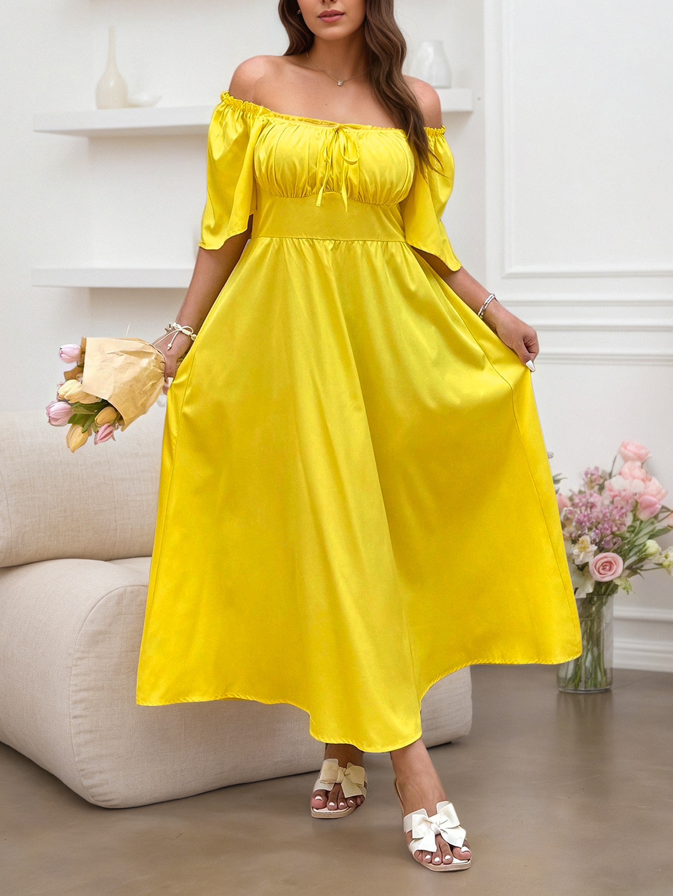 plus size elegant plus size yellow midi dress women summer Temu